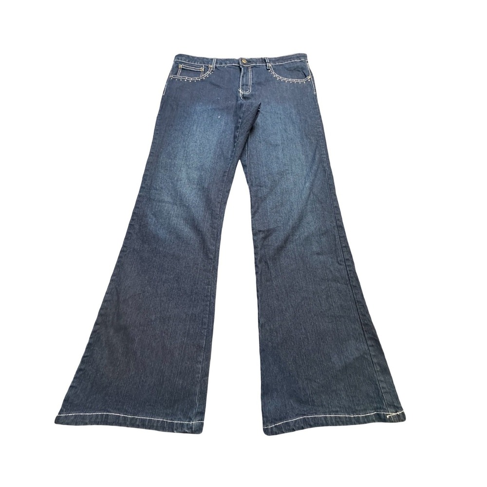 Out Jeans Flare Pants Women 18 36x32 Dark Wash Ramie Stretch Studded Y2K Western